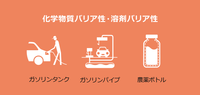 化学物質バリア性・溶剤バリア性 ガソリンタンク ガソリンパイプ 農薬ボトル